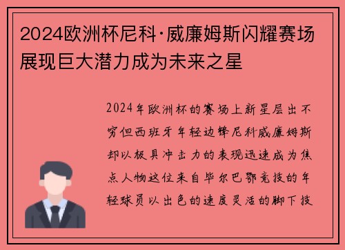 2024欧洲杯尼科·威廉姆斯闪耀赛场展现巨大潜力成为未来之星