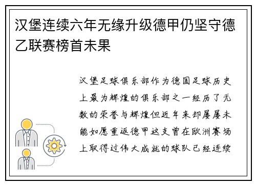 汉堡连续六年无缘升级德甲仍坚守德乙联赛榜首未果