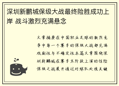 深圳新鹏城保级大战最终险胜成功上岸 战斗激烈充满悬念